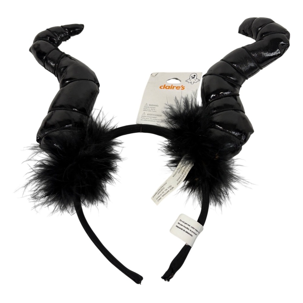 Claire's Black Devil Horns Headband Faux Leather Feather Trim Costume Accessory